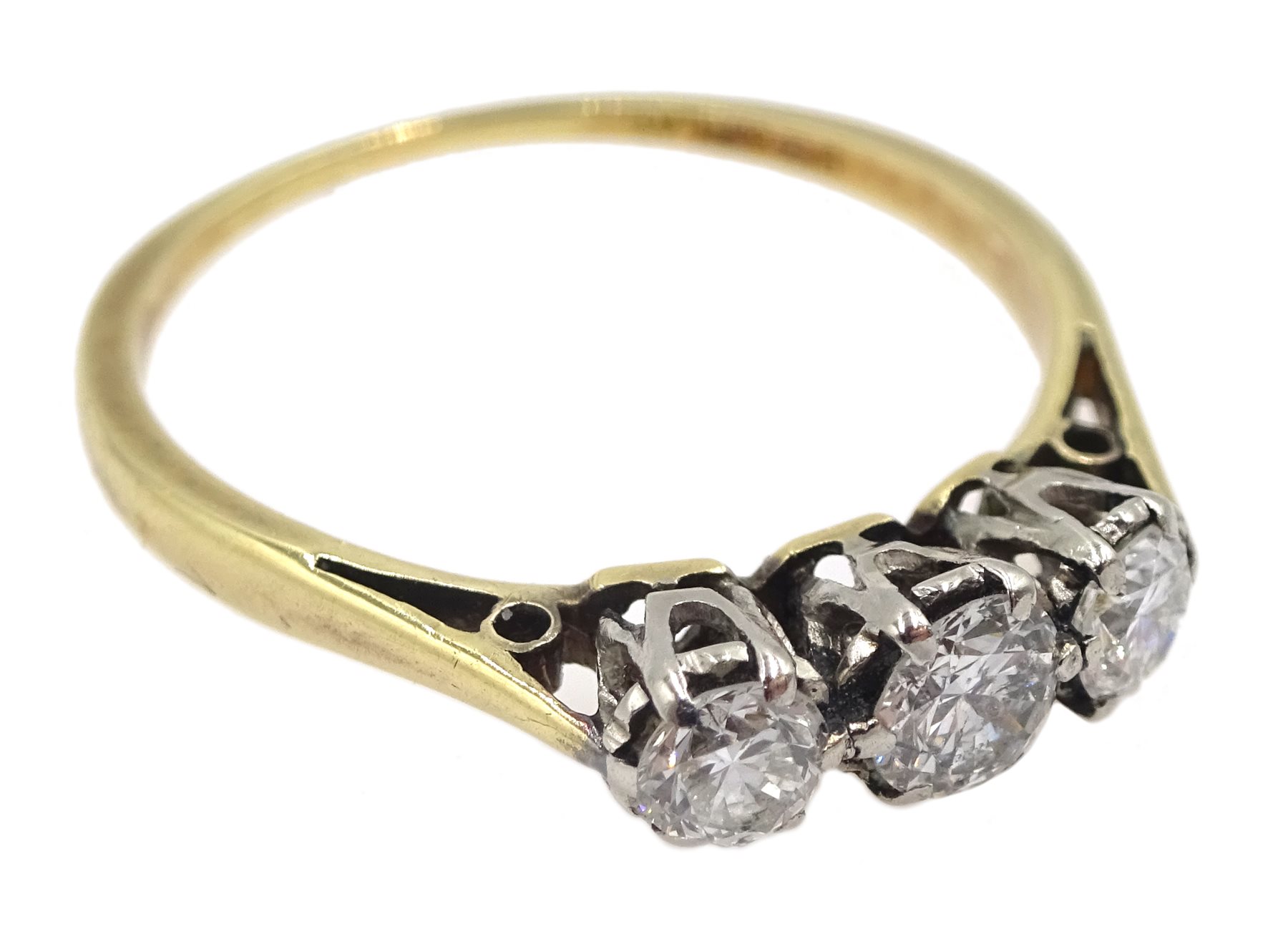 Gold three stone diamond ring, stamped 18ct & Plat, total diamond