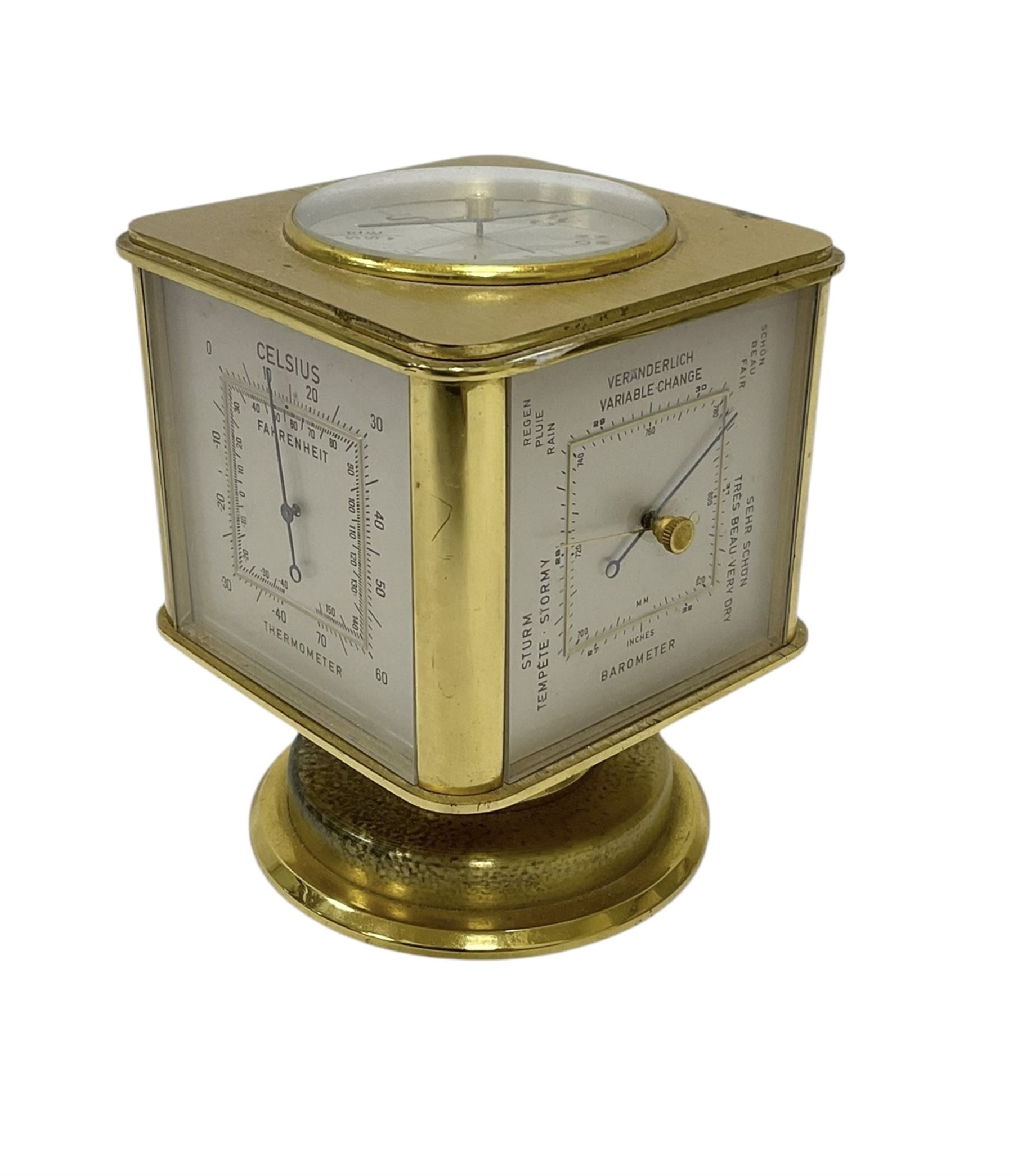 20th century-Angelus clock and weather station combined, in a satin gilt case with an 8-day clock movement, hygrometer, barometer, thermometer and compass.