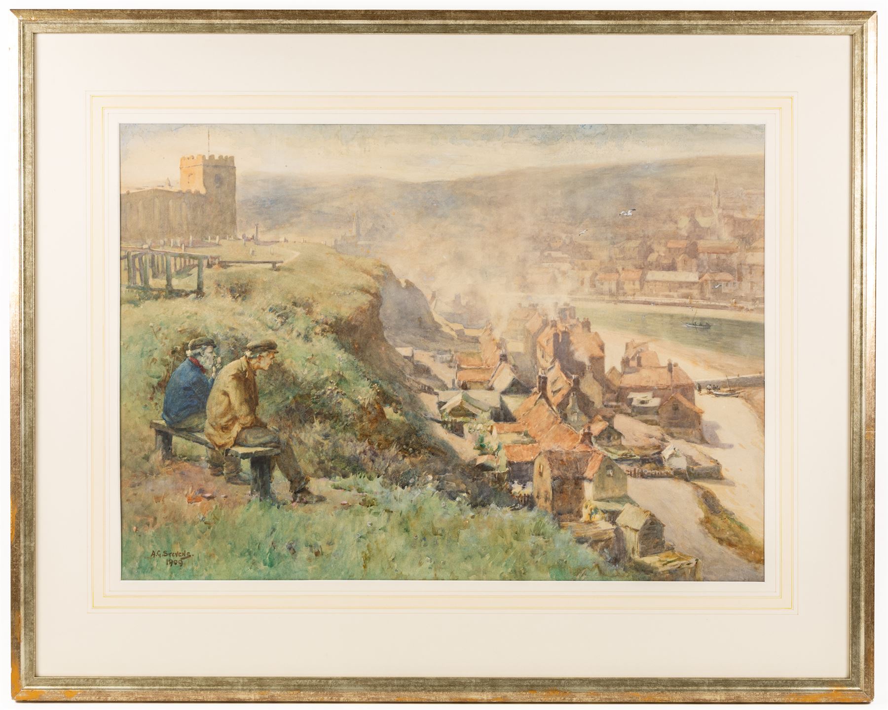 Albert George Stevens (Staithes Group 1863-1925): Fishermen overlooking The Haven Under the Hill - Whitby, watercolour signed and dated 1909, 51cm x 72cm 
Provenance: private collection, purchased David Duggleby Ltd 16th March 2015 Lot 170; Phillips Leeds 2nd May 1990 Lot 102