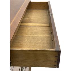 George III mahogany bureau, the conch inlaid fall front enclosing pigeon holes, shelves and central cupboard with inlaid flower motif, four graduating cock-beaded drawers below each with brass handles, lower moulded edge over shaped bracket feet