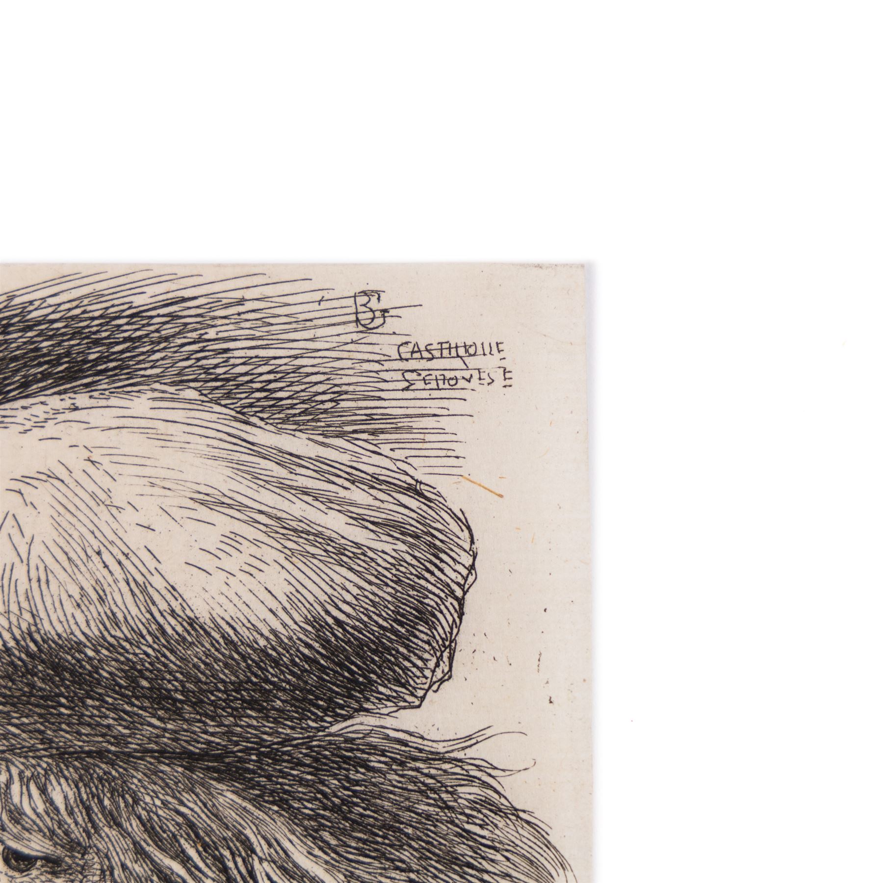 After Giovanni Benedetto Castiglione (Italian 1609-1664): 'Young Man with Trumpet', restrike etching 11cm x 8cm (unframed)