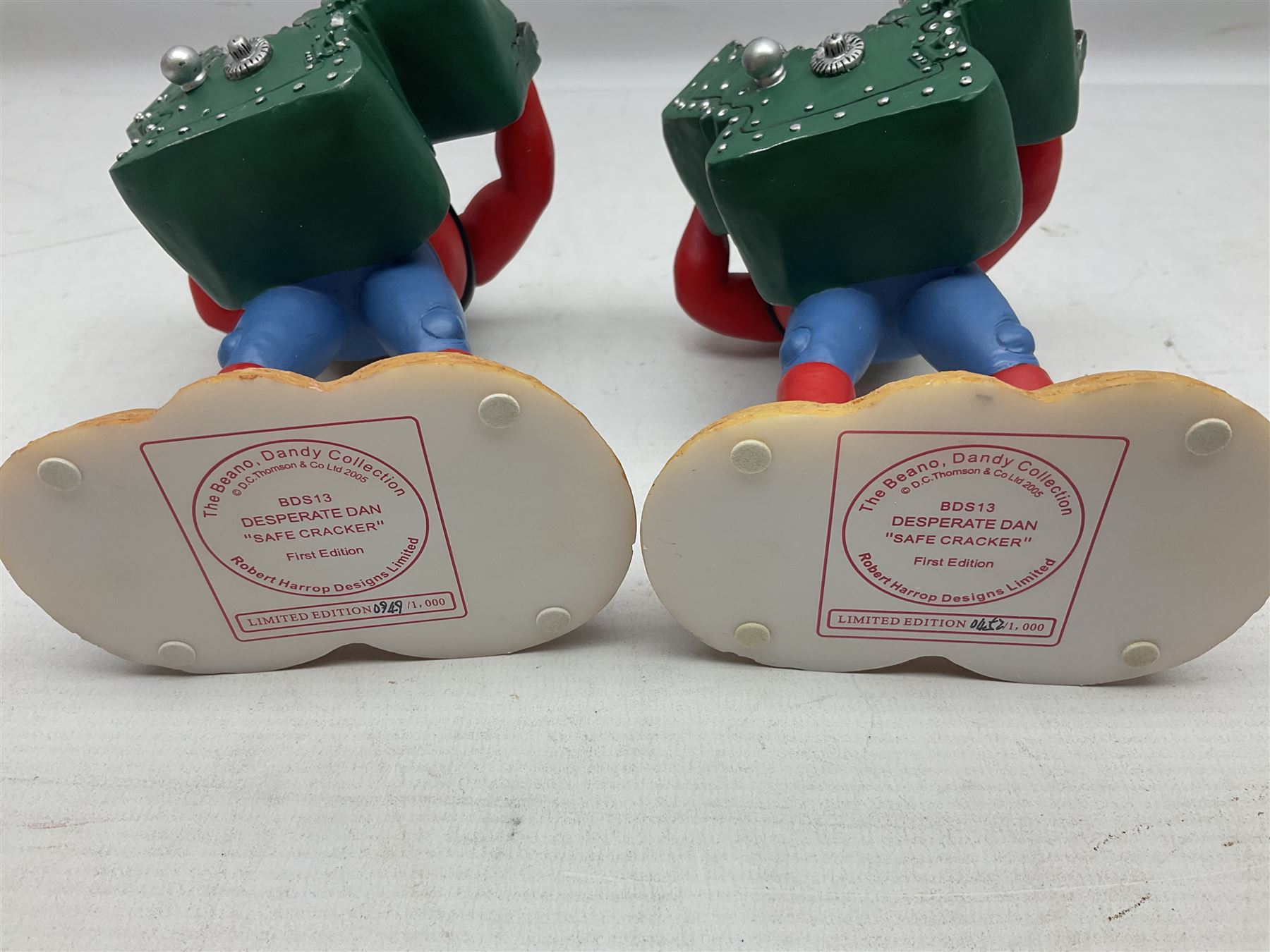 Seven limited edition Robert Harrop figures from the Beano Dandy collection, comprising The Beano Dandy Collection Bash Street Kids 50th Anniversary BSK50, Roger the Dodger's Dad You'd Better Be in There Roger!, two Desperate Dan Safe Cracker BDS13, The Beano Book Front Cover 1959 BDFC03, The Beano Book Front Cover 1973 BDFC01, some first editions, and Beano, Dandy Christmas 2013 The Beano Book 1975 The 10th Day of Christmas, no 137/200, BDCS13, all with boxes