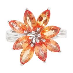 18ct white gold marquise cut Padparadscha sapphire flower head cluster ring, hallmarked, t...