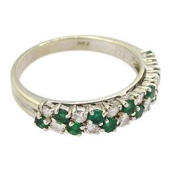 18ct white gold two row round brilliant cut diamond and emerald ring, stamped 750