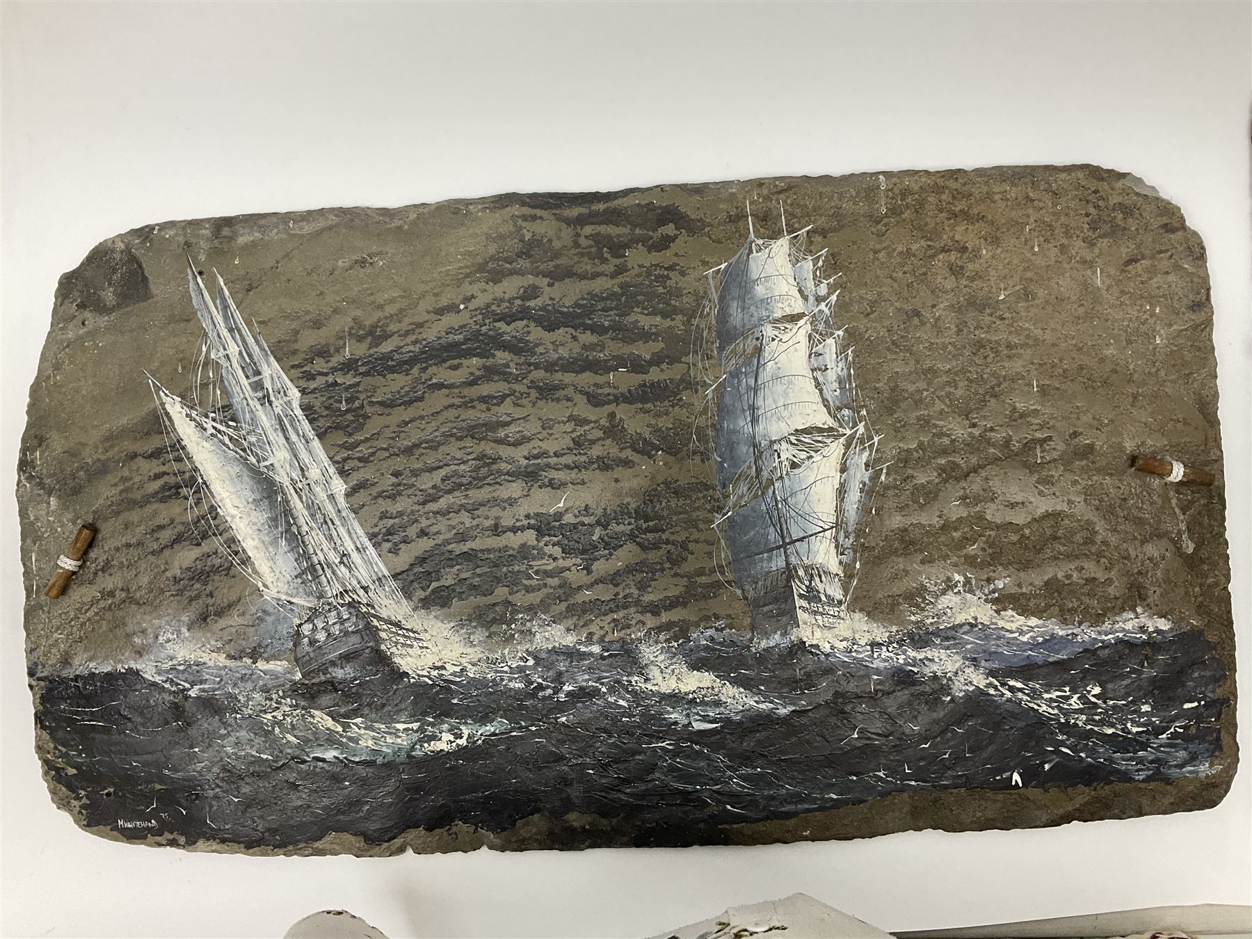 Michael J Whitehand (British 1941-): Three oil paintings of ships on slate signed, largest H40cm, L75cm