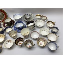 A group of assorted 19th century teawares, largely comprising teacups, to include two Broseley pattern examples, a Spode Italian teacup, tea bowl, and two saucers, a Derby teacup decorated in the Imari pallet, Newhall slop bowl, other examples by Spode, Coalport, etc. 