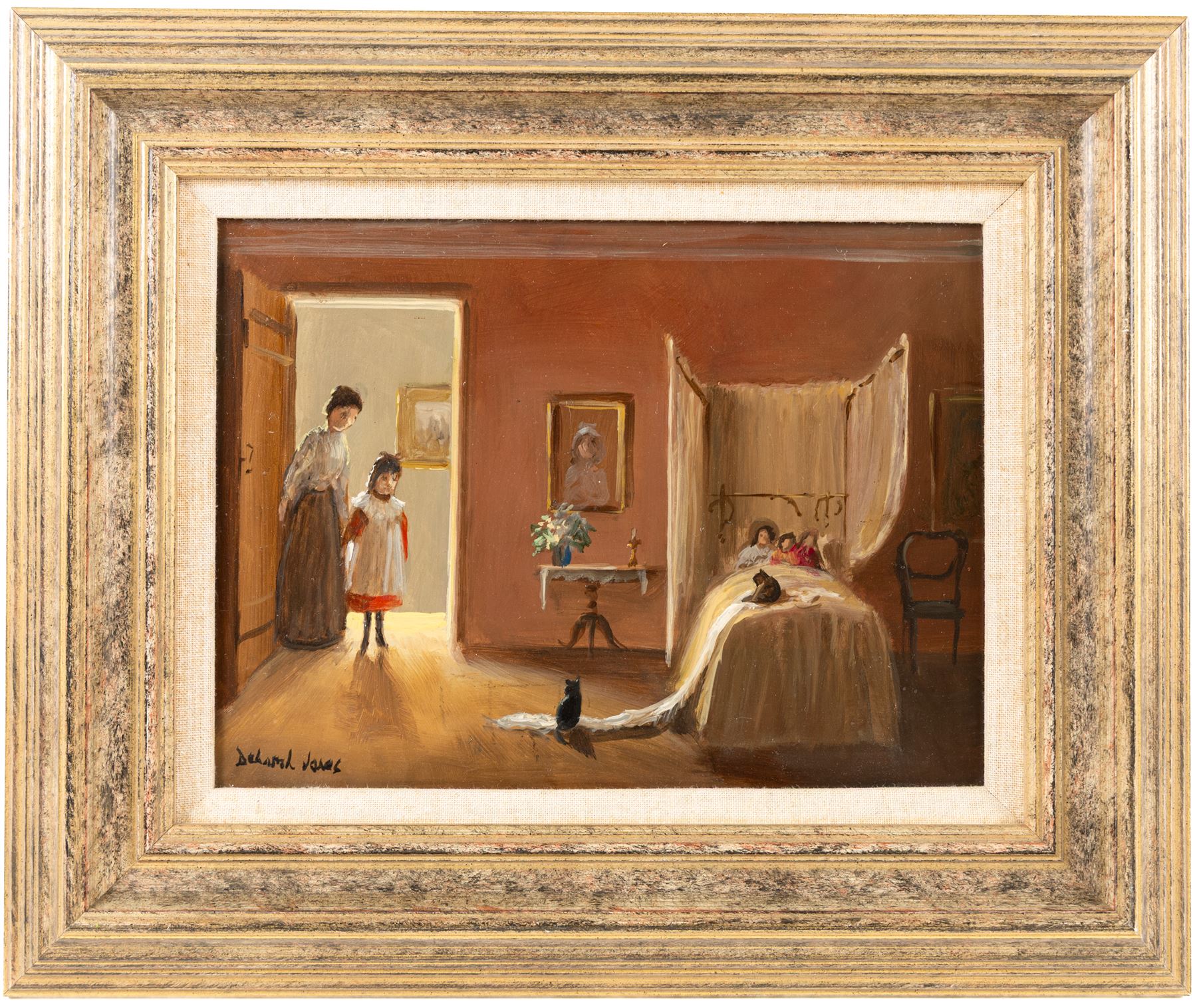 Deborah Jones (British 1921-2012): Bedroom Interior with Mischievous Cats, oil on board signed 19cm x 26cm
