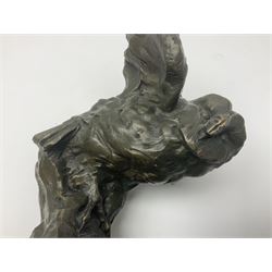 Bronze figure, modelled as an owl upon a rock, on stepped circular base, after Milo, H24.5cm