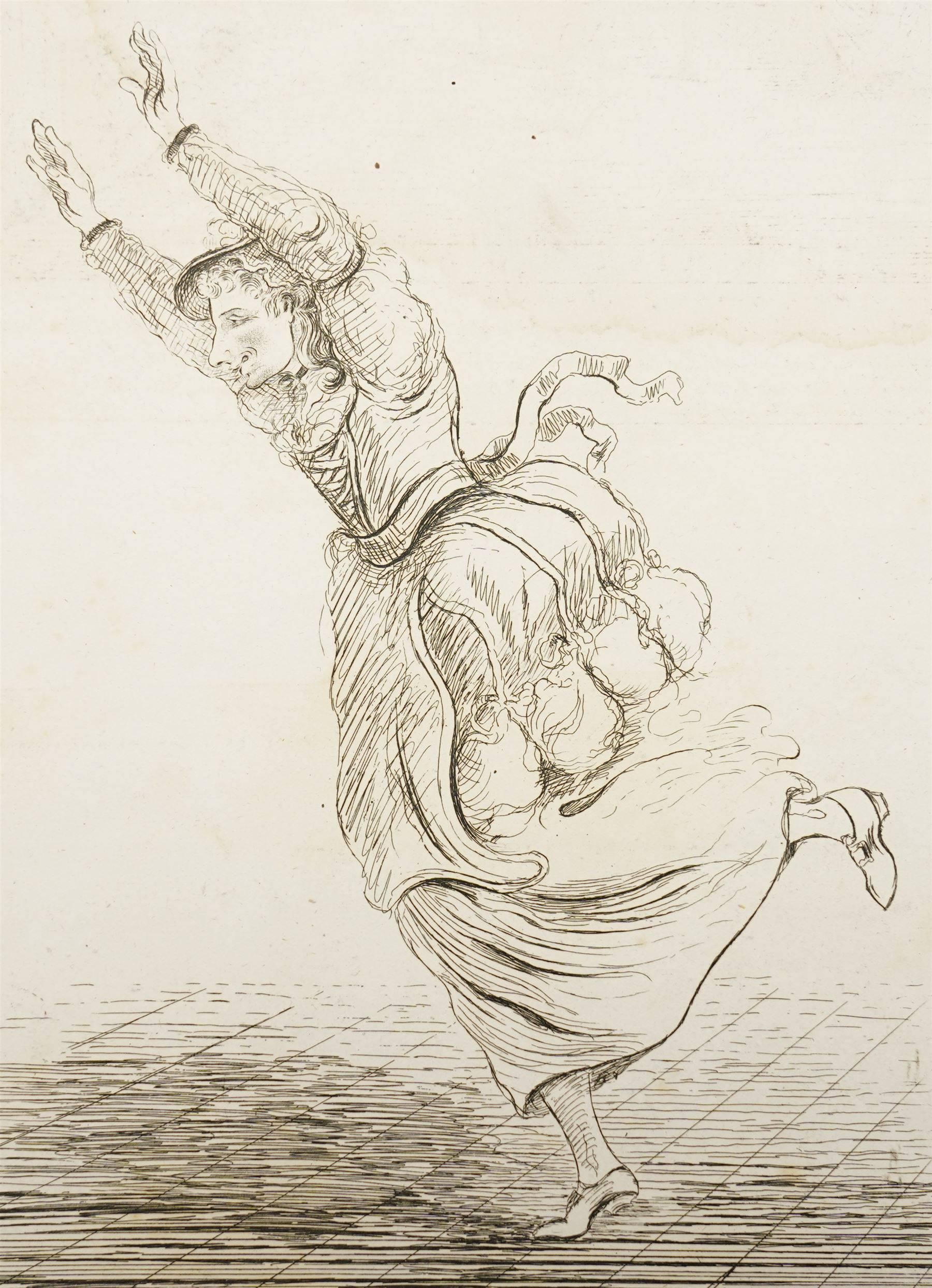 James Sayers (British 1748-1823): 'Delpini à la Rossi - Grace was all in her Steps', late 18th century satirical etching pub. Thomas Cornell 1794, 33cm x 27cm with full margins (unframed)
Notes: Delpini was a well-known Italian performer/clown, here, falling mid-dance in imitation of the celebrated ballerina Rossi. 