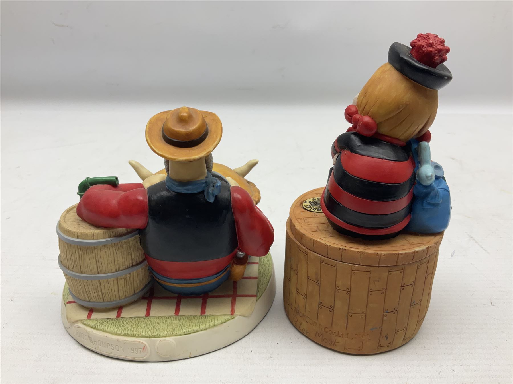 Eleven Robert Harrop figures from the Beano Dandy collection, comprising One Man & His Dawg BDS08, Picnic Desperate Dan BDS04, Fatty BD07, Desperate Dan BD03, Roger the Dodger BD20, Dennis the Menace BD01, Beryl the Peril BD05, Minnie the Minx BD04, Surfing BP03, two Spotty BD16, together with a Genuine Beano Ware lidded box (12)