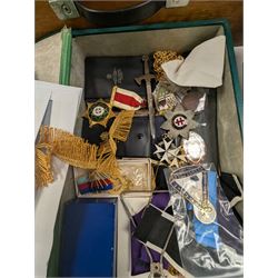 Collection of Masonic jewels and regalia, including robes, sashes, gloves, medallions, etc, in a number of briefcases and boxes