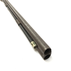 19th century 16-bore muzzle loading, percussion cap, side-by-side double barrel shotgun, with walnut stock, chased action with indistinct makers name and 74cm damascus barrels with under barrel ramrod L116cm overall