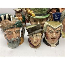 Collection of Royal Doulton and Beswick character jugs of various sizes, including North American Indian D6611, The Falconer D6533,  Tony Weller 281, Sairey Gamp 371 etc