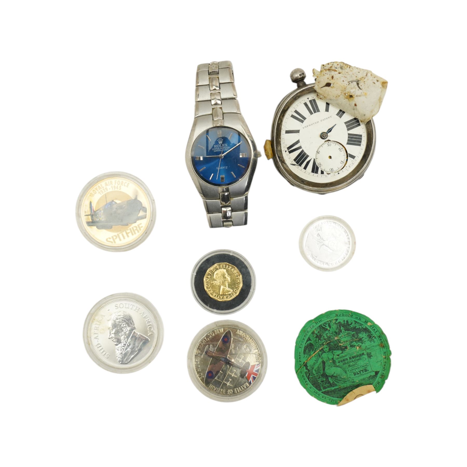 Silver pocketwatch marked Robert Gravenor, Chester, 1892 (damaged), 2017 silver Krugerrand with four other coins; and a Rolex style wristwatch
