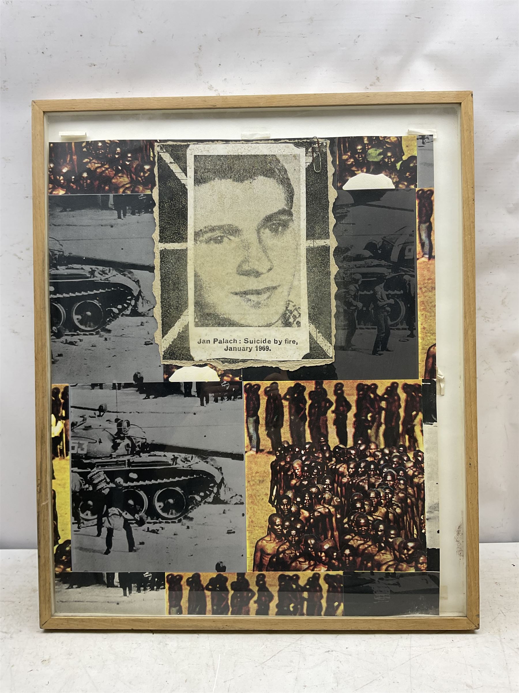 Joe Tilson (British 1928-2023): 'Jan Palach: Suicide by Fire', screenprint and collage 66cm x 53cm