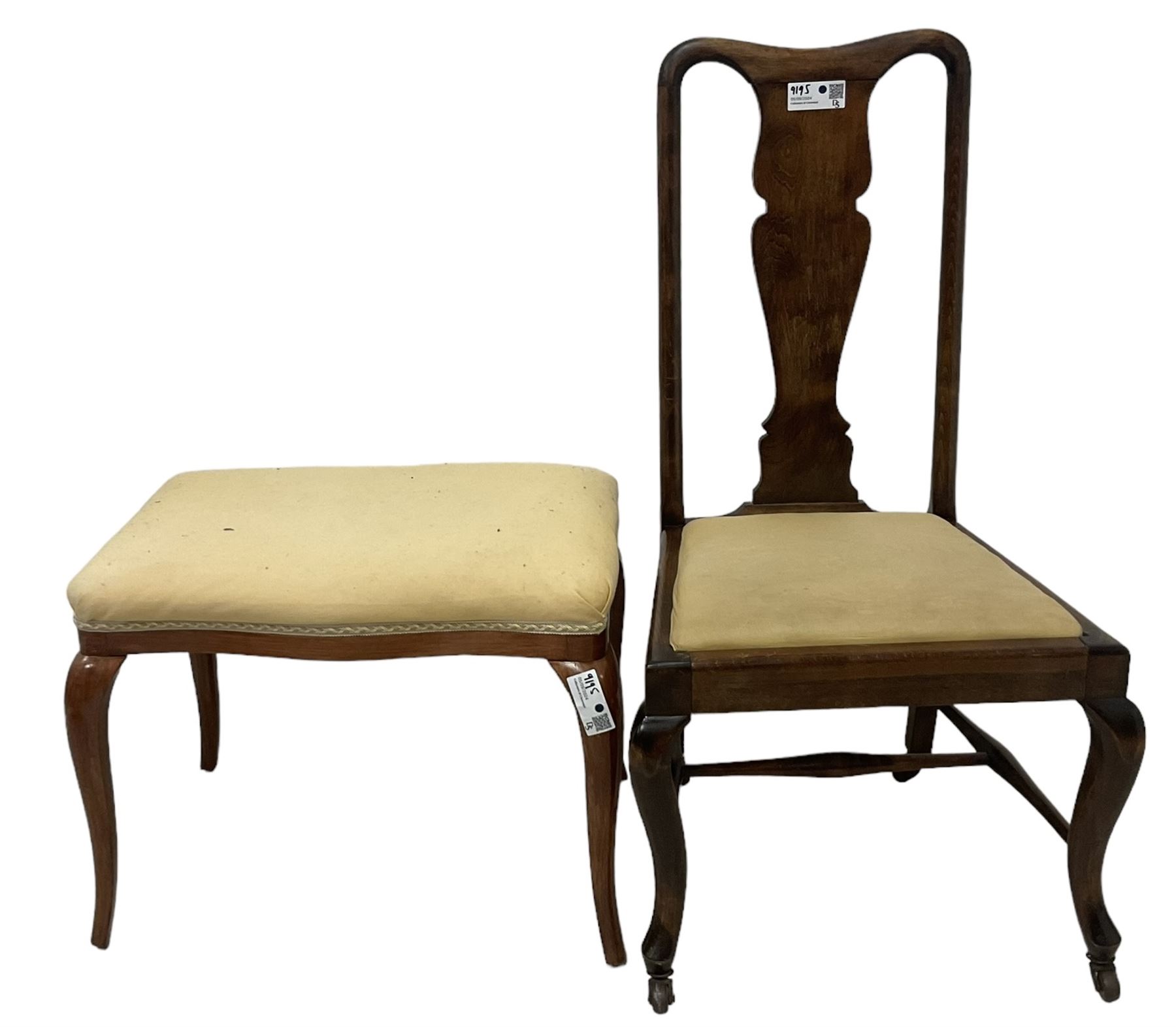 Mahogany valet stand; mahogany dressing stool with cabriole supports; three footstools with tapestry seats; Georgian design chair on castors (6)