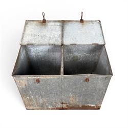 Early 20th century galvanised two division feed bin, sloped top