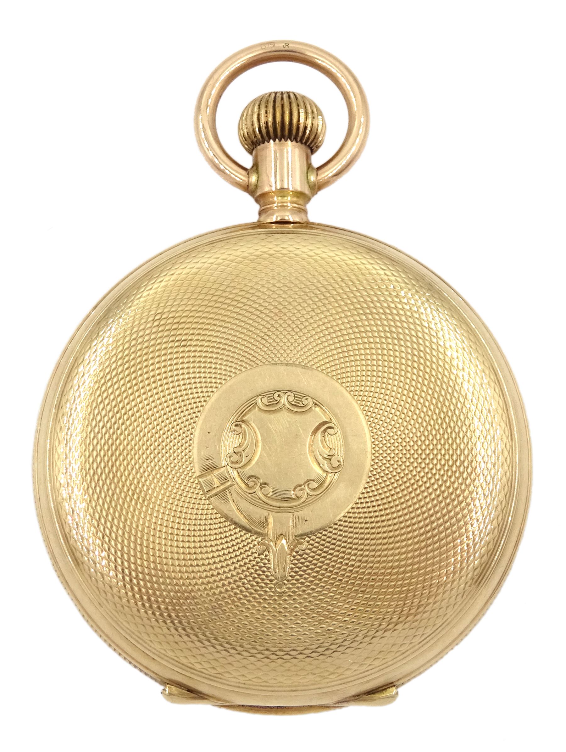 Early 20th century 10ct gold full hunter keyless lever 'Ensign' pocket watch by American Watch Company, Waltham, No. 11213034, white enamel with Roman numerals and subsidiary seconds dial, case makers mark AL stamped 10C, later hallmarked 9ct by Sheffield Assay Office, 2015