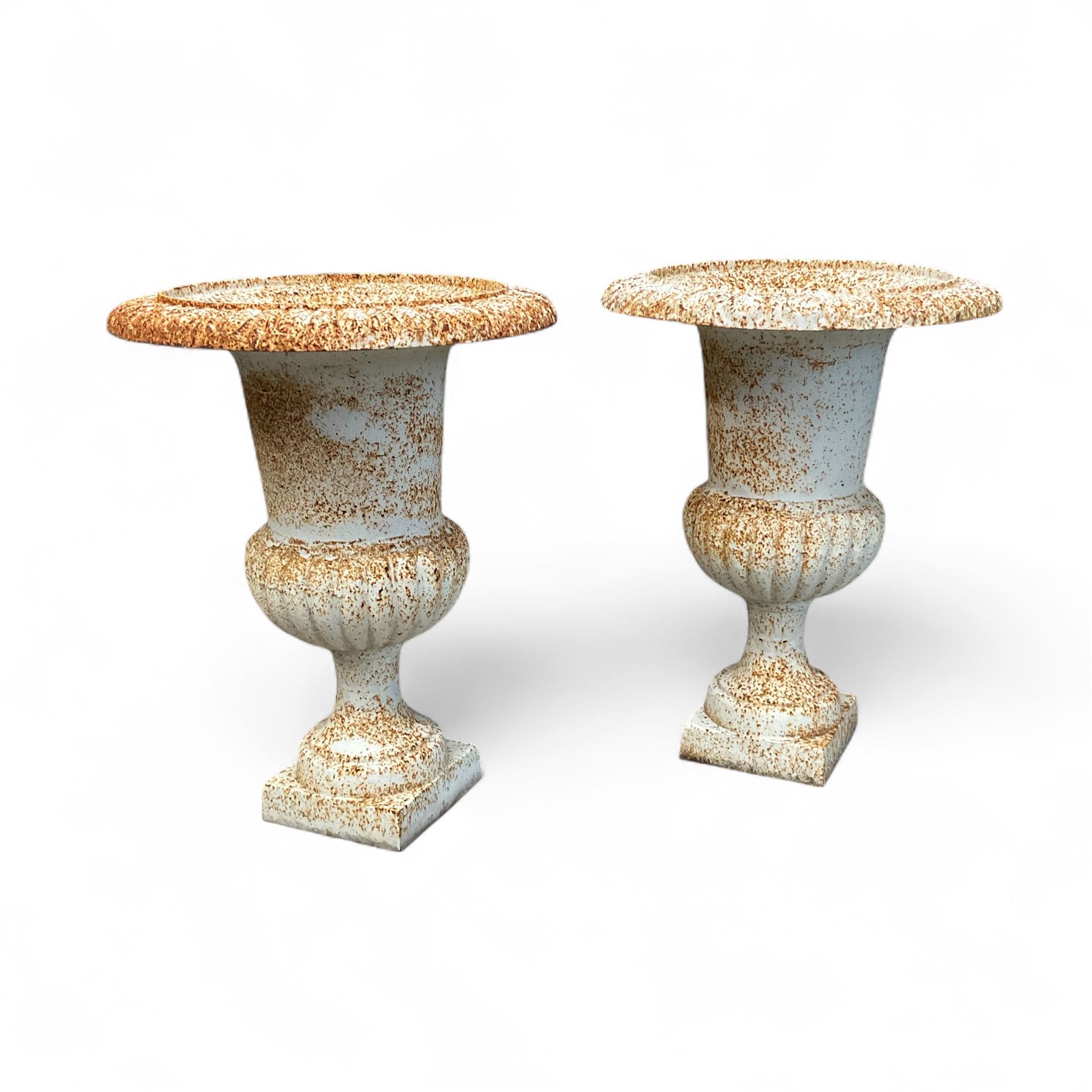 Pair of Victorian design painted cast iron garden urns, egg and dart rim, tapering column on pedestal base
