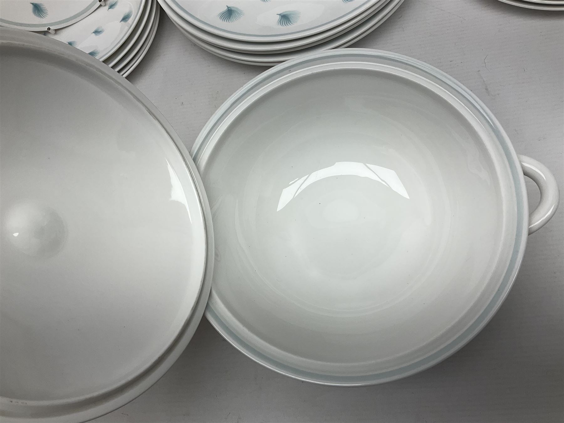 Susie Cooper Whispering Grass pattern dinner wares, to include tureen with cover, six twin handled soup bowls, dinner plates and side plates, etc 