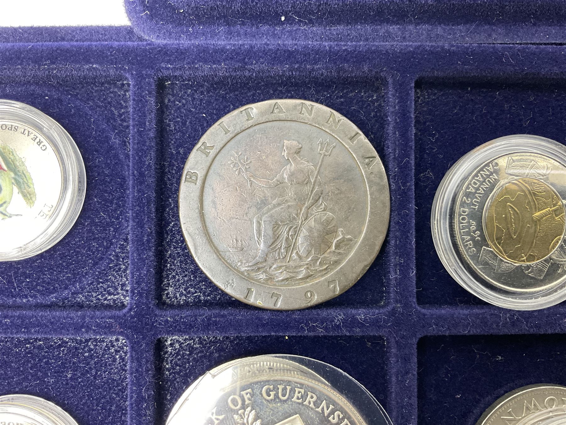 Commemorative, fantasy and other coinage, including George II 1754 farthing, George III 1773 farthing, cartwheel penny and cartwheel two pence, Queen Victoria Canada 1886 twenty five cents, various commemorative crowns etc, housed in three blue coin trays