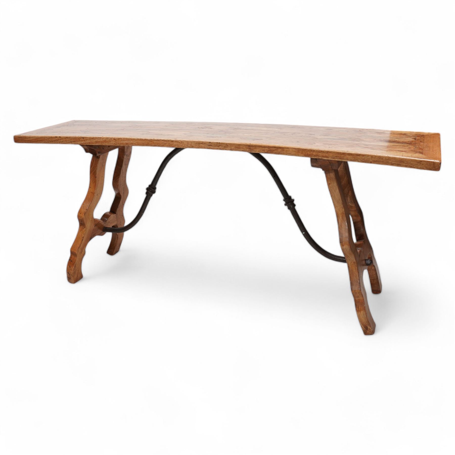 Spanish design hardwood and wrought iron console or side table, parquetry top over splayed shaped end supports united by wrought iron stretcher 