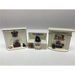 Ten WW1 crested china military models comprising seven field ambulances and three 'Home Fires Burning' fire-surrounds/range; various makers including Willow Art, Arcadian China, Grafton China, Savoy China, Carlton China etc; various crests including Devon, Aldershot, Portsmouth, West Ham, Coventry, Oxford, Hastings, Brighton etc (10)