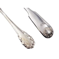 Set of six Victorian silver Fiddle Shell pattern teaspoons, hallmarked William Eaton, London 1841, together with a set of six George Jensen silver coffee spoons, hallmarked Stockwell & Co, London import 1924, 1925, 1928 and 1931, also marked with George Jensen mark circa 1910-1925, and stamped 925S, and a mid 20th century silver napkin ring, hallmarked Charles S Green & Co Ltd, Birmingham 1957, approximate total weight 7.66 ozt (238.2 grams)