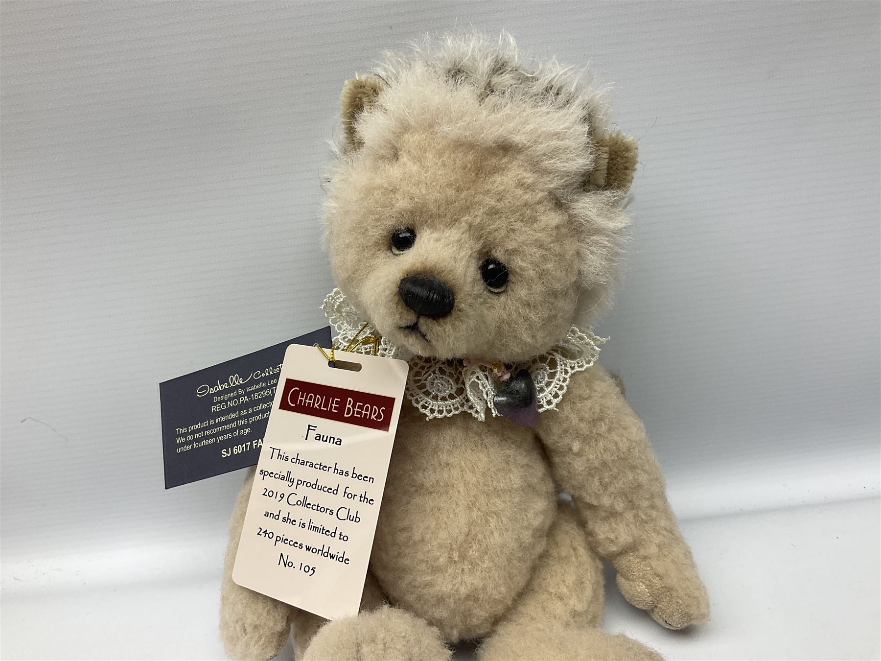 Nine Charlie Bears, comprising three limited edition examples, Fauna SJ6017, designed by Isabelle Lee, 105/240, Little Miss Muffet CB205252O, 648/1000, and Romano CB202020, 405/600, plus Roulade CB202047, Clawdia CB171796, Annabelle CB171782, and Seek CB161691, each designed by Isabelle Lee, and Scrambles CB185194, and Baabahrah CB205251O, all with tags 