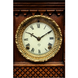  19th century oak architectural cased 'Ansonia Salem' mantel clock, 8-day movement with enamel dial, H38cm  
