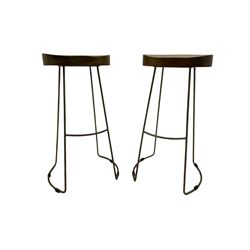 Pair of hardwood and metal bar stools, dished seat