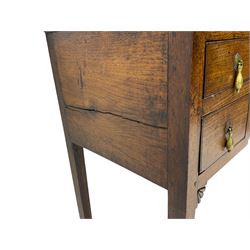 18th century Welsh oak lowboy, fitted with long drawer above three small drawers, square tapering supports, with fan carved corner brackets, circular plate and drop handles 