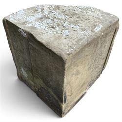 Two 18th century carved sandstone architectural elements, comprising a substantial square pedestal block with recessed panelled facias (W42cm H45cm); and a frieze fragment carved in relief with three stylised flowerheads and an undulating foliate stem (W30cm H18cm)