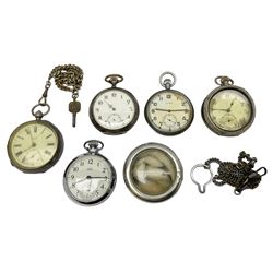 Three silver cased pocket watches, to include two hallmarked Birmingham 1923 and 1914 A.LD (Aaron Lufkin Dennison/Dennison Watch Case Co), and two base metal pocket watches including a CYMA military issue pocket watch with ministry broad arrow, G.S.T.P. M 63416