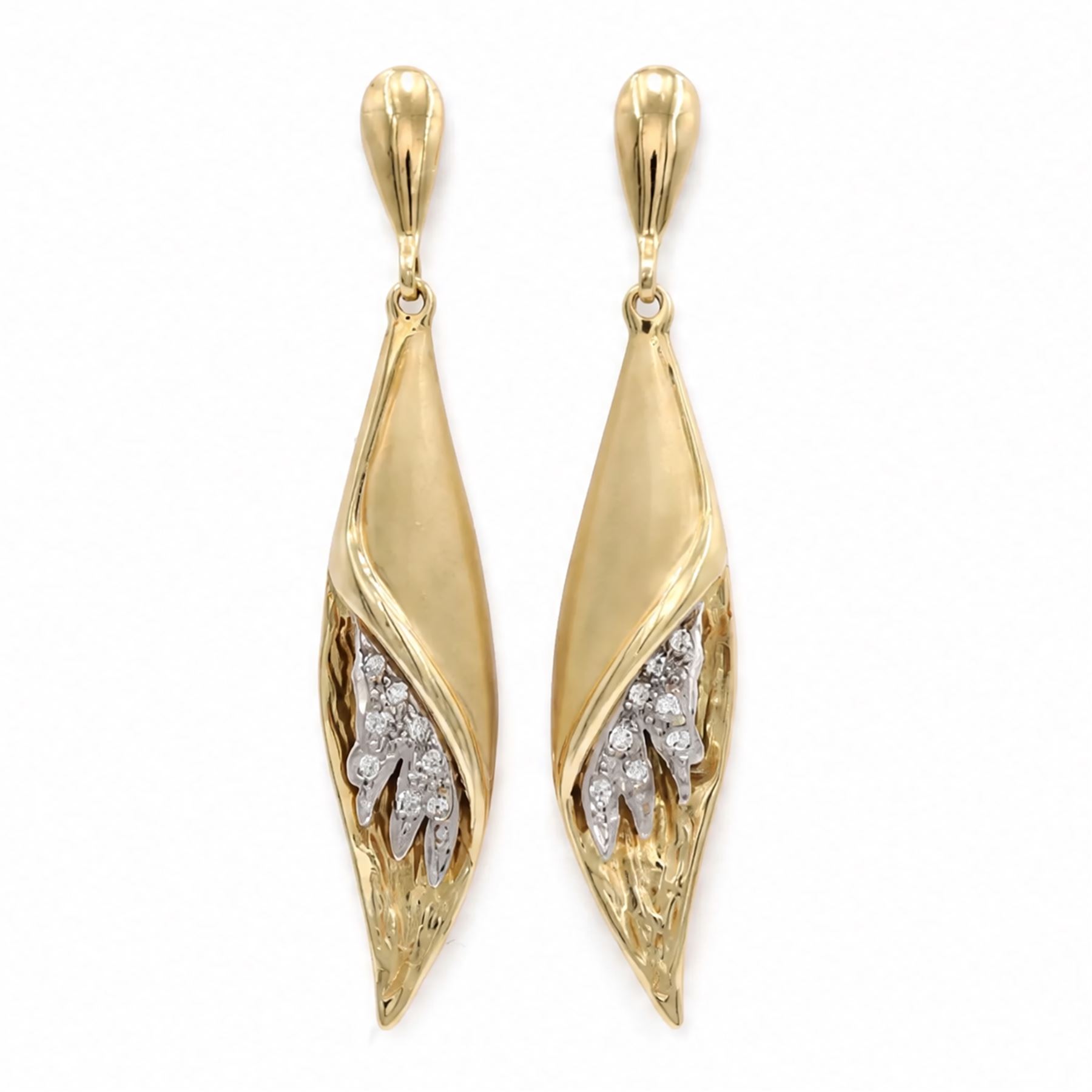 Pair of 14ct yellow and white gold cubic zirconia abstract design pendant stud earrings, stamped 585