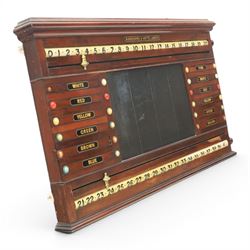 Snooker and Billiard accessories including a Thurston & Co Ltd snooker scoreboard, and Burroughes & Watts, London, billiard ball storage cabinet and white scorer