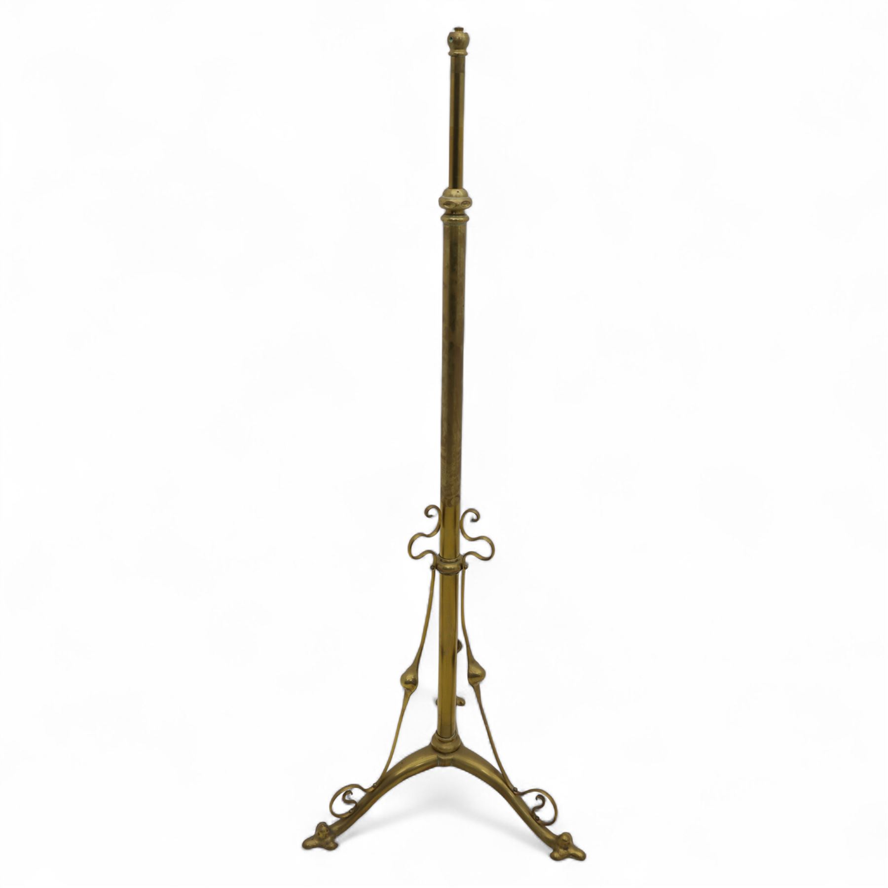 Mahogany torchiere H103cm, pine hat makers' stand H102cm, H91cm brass-bound planter on stand, brass standard lamp stand H127cm (4)