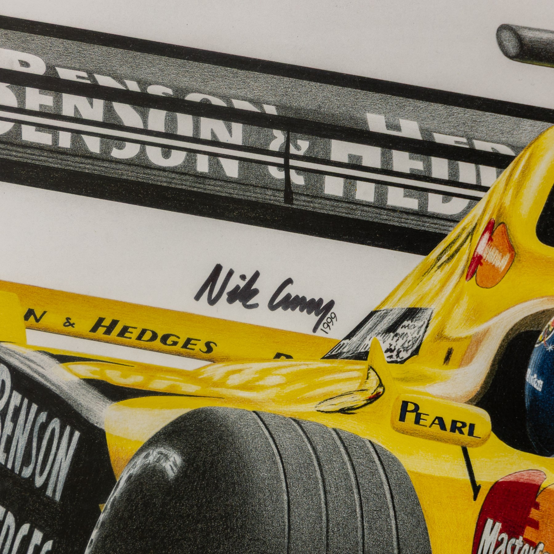 Four Formula 1 racing prints by Nik Curry, including a signed limited edition example, all within silver frames, H38cm, W59cm