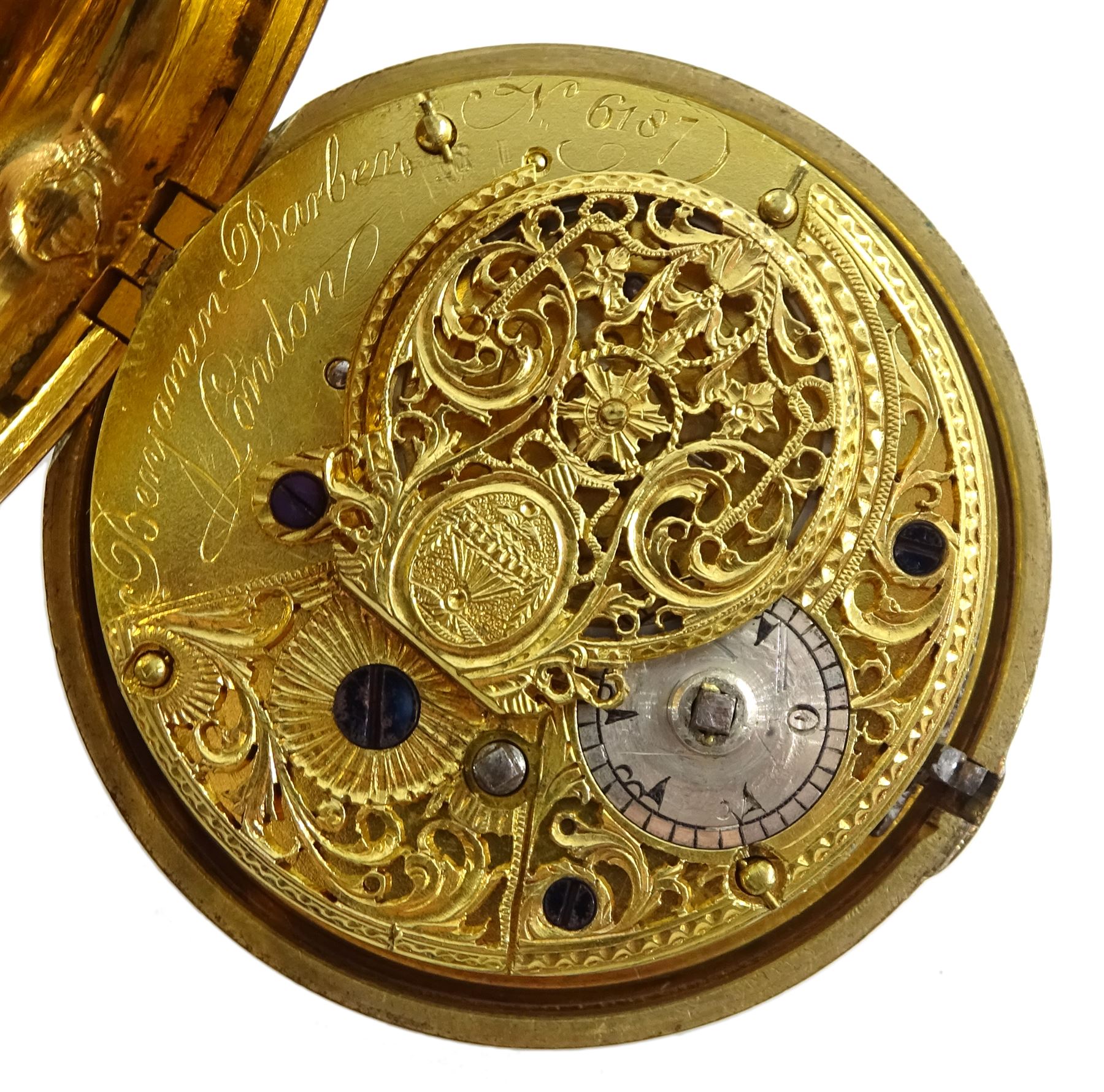 George III gilt metal, triple cased verge fusee pocket watch, for the Turkish market by Benjamin Barber, London, No. 6187, tulip pillars, pierced and engraved balance cock decorated with a classical urn, white enamel dial with Turkish numerals, the outer tortoiseshell case, with pique work borders