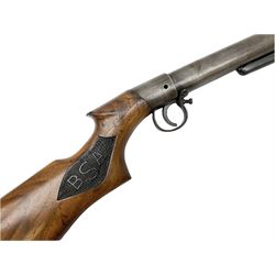 BSA .177 air rifle with top loading under lever action, walnut stock carved with chequered BSA logo to grip, serial no.A1203 L102cm