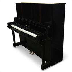 Yamaha model U5 upright piano retailed by Harrods, 88 keys and three pedals within high gloss ebonised case, serial no. 6055292, with Roland black button top piano stool