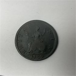 Charles I 1674 farthing, George I 1717 halfpenny, George II 1739 halfpenny, three George III 1797 cartwheel penny coins, and further George III, George IIII and Victoria coins (28)