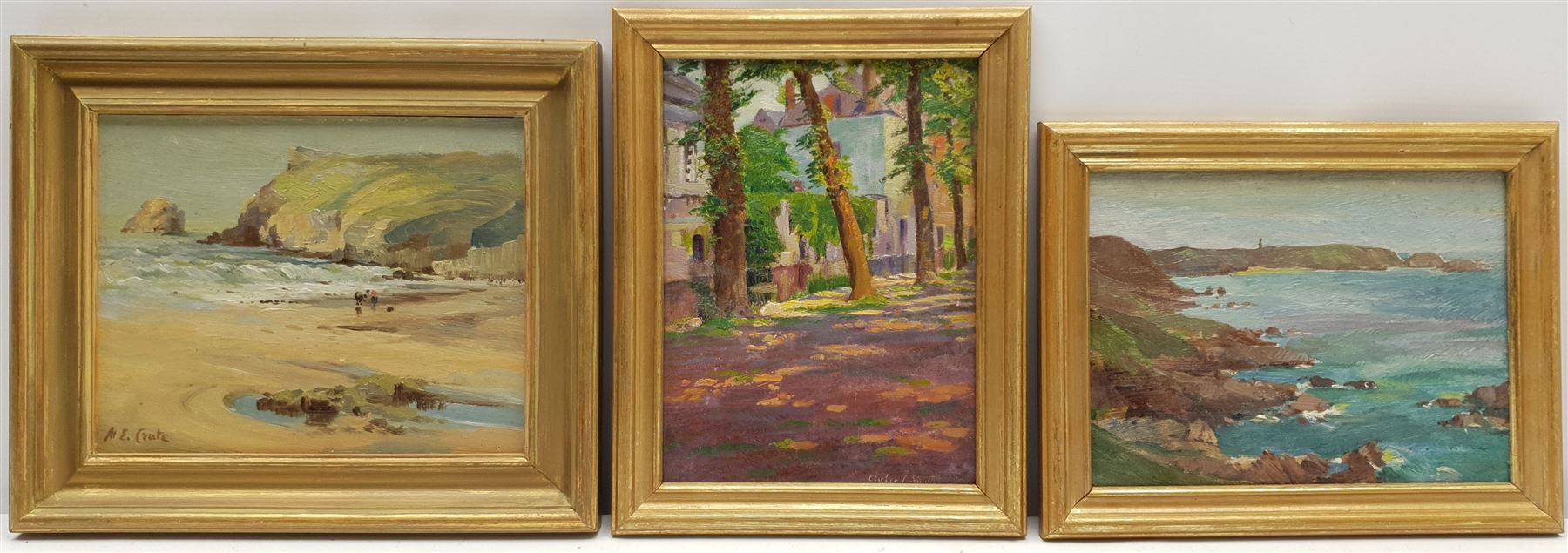 Harry Edmunds Crute (British 1888-1975): Cornish Beach Scene, oil on board signed 15cm x 19cm, together with two similar oils one signed Smith, inscribed verso 14cm x 19cm (3)