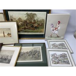 Large framed Oleograph and box of various prints and pictures to include landscape signed A.P Bentall, hunting scenes etc
