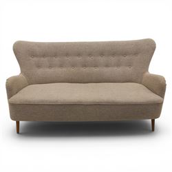 Ernest Race (British 1913-1964) - mid-20th century DA3 wingback settee upholstered in buttoned beige fabric