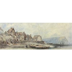 Paul Marny (French/British 1829-1914): Staithes Waterfront, watercolour signed, original John Linn of Scarborough label verso 16cm x 43cm
