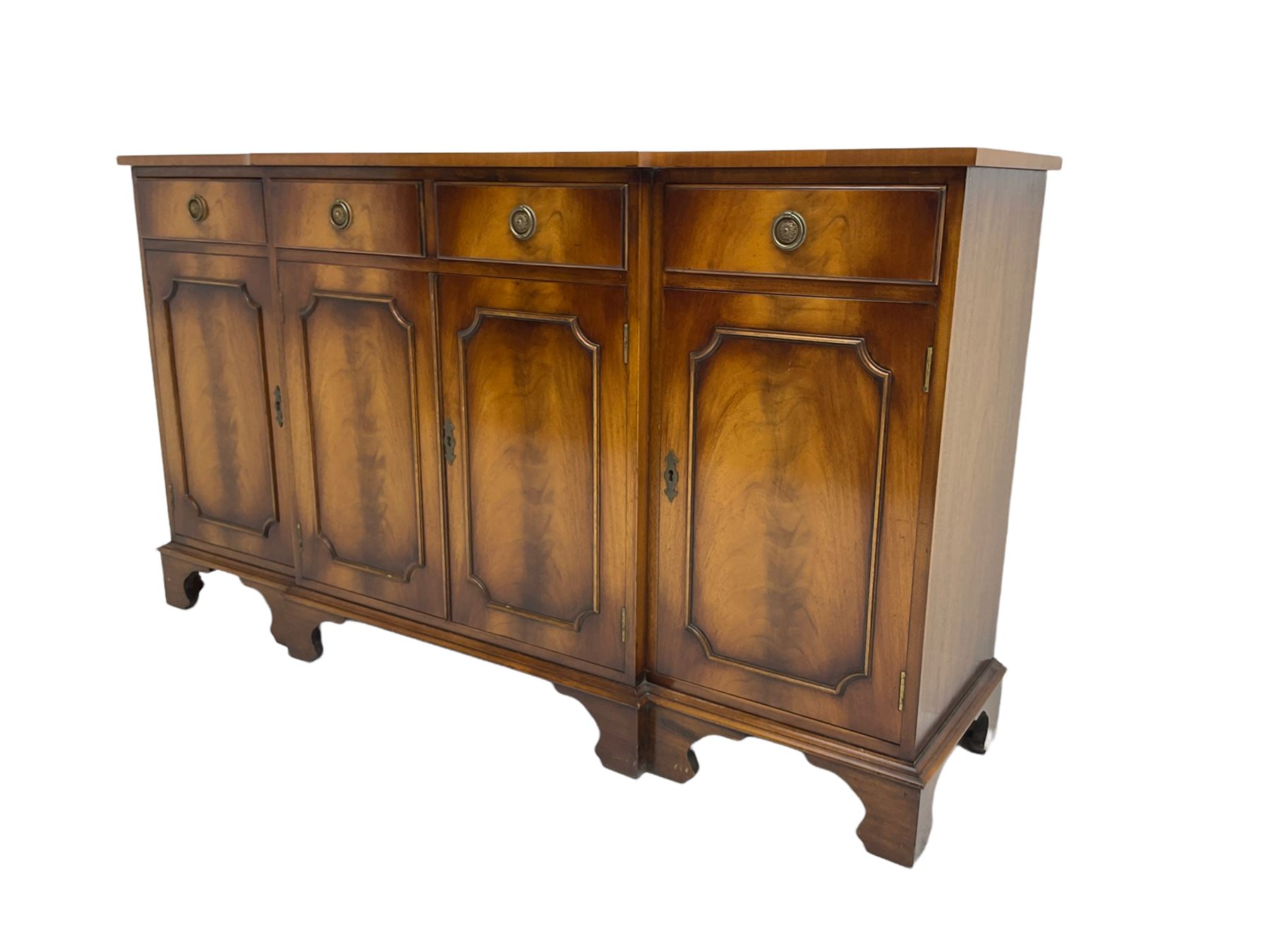 Reprodux Bevan Funnell - mahogany breakfront sideboard, fitted with four drawers, above four cupboards, on bracket feet