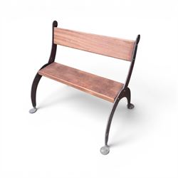 Corten steel industrial minimalism garden bench, sapele hardwood plank seat and backrest, unfinished steel with stained timber