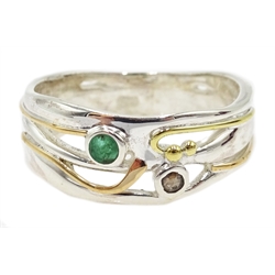  Silver with 14ct gold wire diamond and emerald ring, stamped 925  