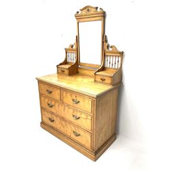 Late Victorian satinwood dressing chest, raised rectangular bevelled swing mirror, two small trinket drawers on moulded rectangular top, two short and two long drawers, plinth base